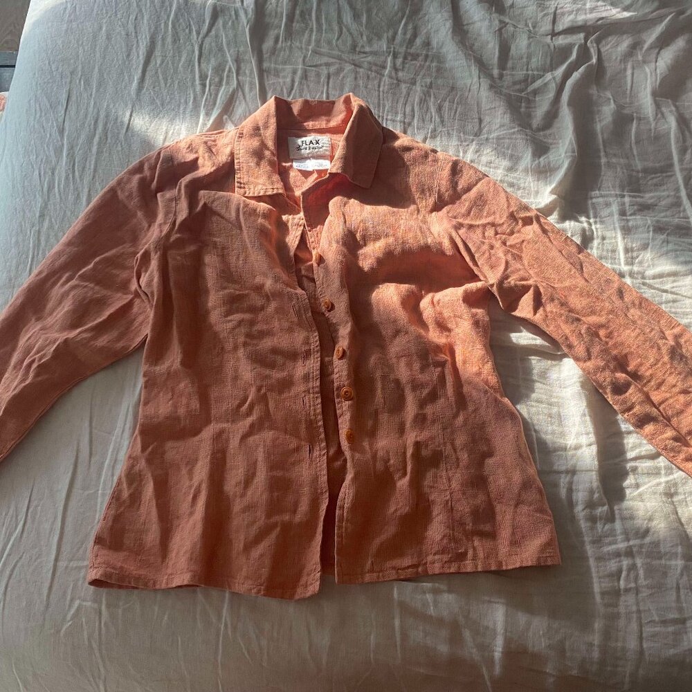 FLAX by Jeanne Engelhart peach coral pink linen button up long sleeve shirt